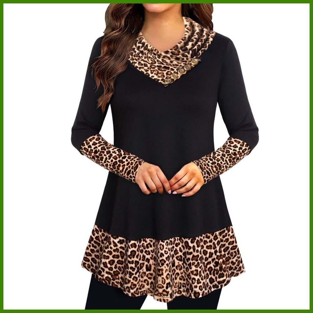 Cowl Neck Patchwork Tunic Top Long Sleeve A-Line Blouse